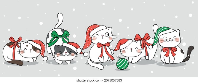 Draw vector illustration character design banner happy cats in snow for winter and christmas Doodle cartoon style