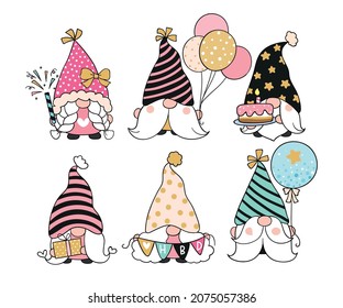 Draw vector illustration character design collection birthday gnome Doodle cartoon style