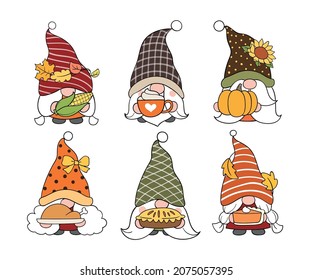 Draw vector illustration character design collection Thanks giving gnome for autumn Doodle cartoon style