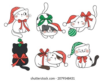 Draw vector illustration character design collection cute cats for Christmas and New year Doodle cartoon style