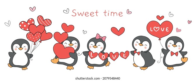 Draw vector illustration character design banner cute penguin with red hearts for Valentine day Doodle cartoon style