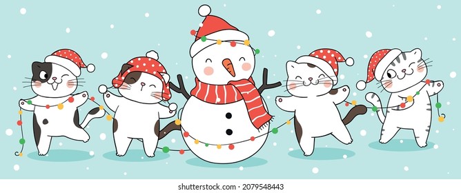 Draw vector illustration character design banner happy cats with snowman for winter and christmas Doodle cartoon style