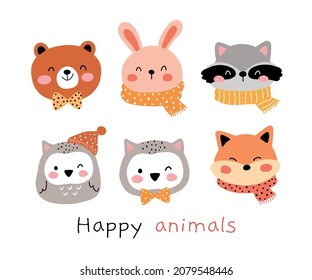 Draw vector illustration character design collection happy woodland animal for autumn season Cartoon style