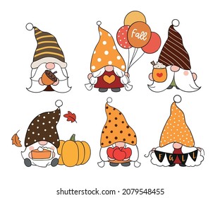 Draw vector illustration character design collection fall gnome for autumn Doodle cartoon style