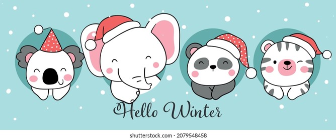 Draw vector illustration character design banner happy animal with santa hat for winter and christmas Doodle cartoon style