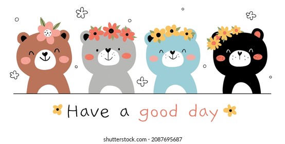 Draw vector illustration character design banner happy bear with flower for spring season