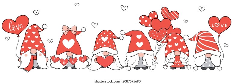 Draw vector illustration character design banner gnome with red hearts for Valentine day Doodle cartoon style