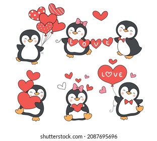 Draw vector illustration character design collection cute penguin for valentine day Love concept  Doodle cartoon style