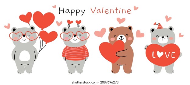 Draw vector illustration character design collection happy bear with little heart for Valentine day Doodle cartoon style