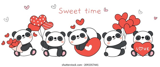 Draw vector illustration character design banner baby panda red hearts for Valentine day Doodle cartoon style