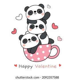 Dibujar ilustración vectorial diseño de personaje panda lindo en taza dulce para el día valentino Concepto de amor Estilo de dibujos animados Doodle