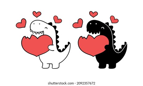 Draw vector illustration character design silhouettes of dinosaurs with red heart for valentine day
