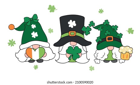 Draw vector illustration character design banner cute gnomes for St patrick day Doodle cartoon style