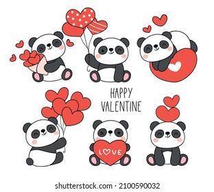 Draw vector illustration character design collection baby panda valentines day Love concept Doodle cartoon style
