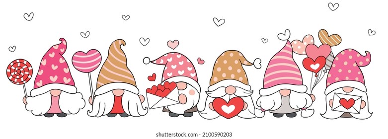 Draw vector illustration character design banner valentine gnomes Love concept Doodle cartoon style