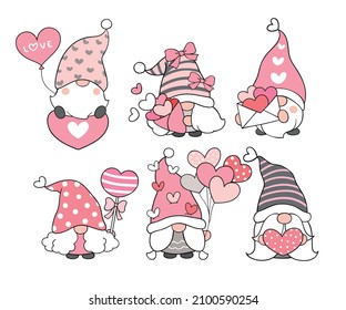 Draw vector illustration character design collection sweet gnomes for valentines day Doodle cartoon style