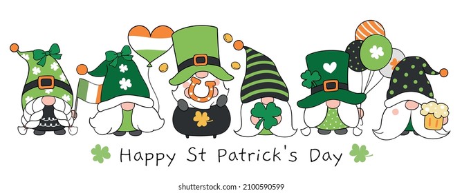 Draw vector illustration character design banner St patrick day gnomes Doodle cartoon style