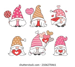 Draw vector illustration character design collection valentines gnomes Love concept Doodle cartoon style