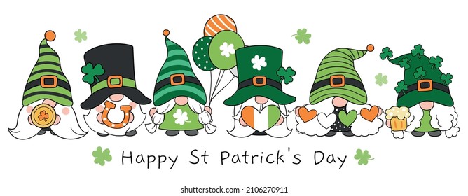 Draw vector illustration character design banner cute gnomes for St patrick's day Doodle cartoon style