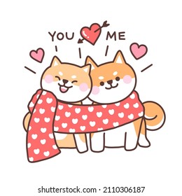 Draw vector illustration character design couple of shiba inu dog with text for valentines day.Love concept doodle cartoon style.