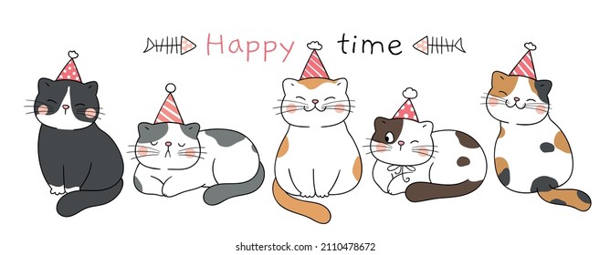 Zeichnen Sie Vektorgrafik-Design-Banner glückliche Katzen Happy-Zeit-Konzept Doodle Cartoon Stil