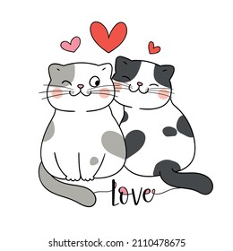 Dibujar ilustración vectorial diseño pareja amor gatos para San Valentín concepto de amor Estilo de caricatura Doodle