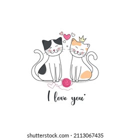 Dibujar ilustración vectorial diseño pareja amor a gatos con corazón pequeño