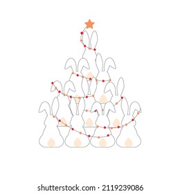 Draw vector illustration character design cute rabbit Christmas tree For new year and Merry Christmas.Doodle style.