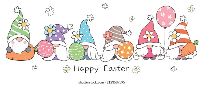 Draw vector illustration character design banner cute gnomes for easter and spring Doodle cartoon style