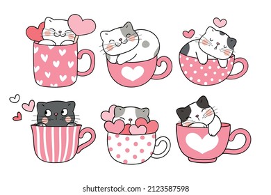 Draw vector illustration character design collection cat in sweet coffee cup for valentines day Doodle cartoon style