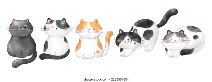Draw vector illustration character design banner cute cat Watercolor style