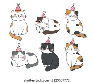 Draw vector illustration character design collection cat with party hat Doodle cartoon style