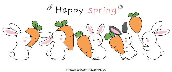 Draw vector illustration character design banner cute bunny with carrot for easter and spring Doodle cartoon style