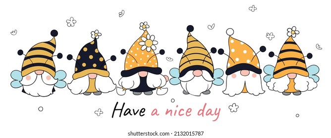 Draw vector illustration character design banner bee gnomes for summer and spring Doodle cartoon style