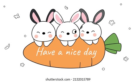 Draw vector illustration character design banner cute bunny with carrot for easter and spring Doodle cartoon style