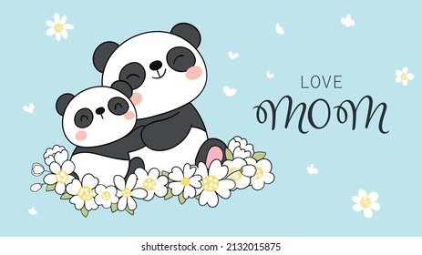 Draw vector illustration character design banner baby panda bear hug mom for mother day Doodle cartoon style
