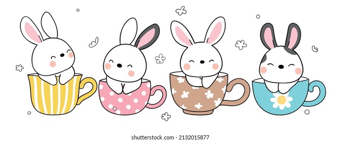 Draw vector illustration character design banner cute bunny in beautyful cup of tea for spring Doodle cartoon style