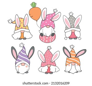 Draw vector illustration character design collection bunny gnomes for easter and spring Doodle cartoon style