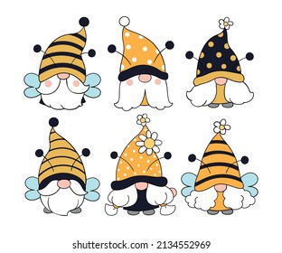 Draw vector illustration character design collection bee gnomes for summer and spring Doodle cartoon style