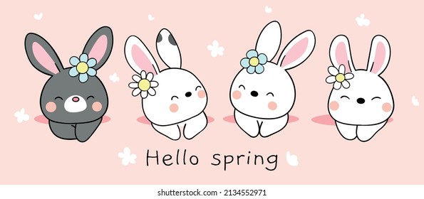 Draw vector illustration character design banner sweet bunny for easter and spring Doodle cartoon style