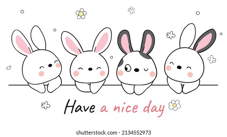 Draw vector illustration character design banner cute bunny for easter and spring Doodle cartoon style