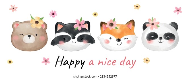 Draw vector illustration character design banner happy face animal and spring Watercolor style