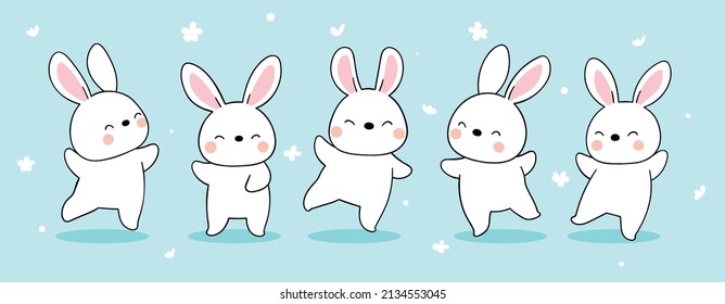 Draw vector illustration character design banner white bunny for easter and spring Doodle cartoon style