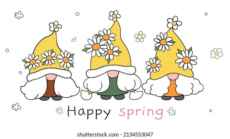 Draw vector illustration character design banner daisy gnome flower for spring Doodle cartoon style