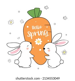 Draw vector illustration character design cute bunny holding carrot for spring season Doodle cartoon style