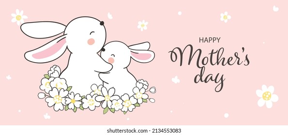 Draw vector illustration character design banner baby bunny hug mom for mother day Doodle cartoon style