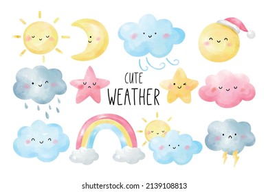 Draw vector illustration character design collection cute weather for kids Watercolor style