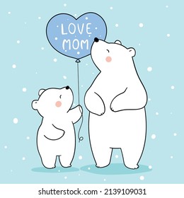 Draw vector illustration character design baby polar bear and mom in snow for mother day Doodle cartoon style