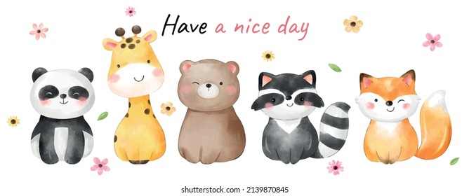 Draw vector illustration character design banner happy animal with flower for spring Watercolor style