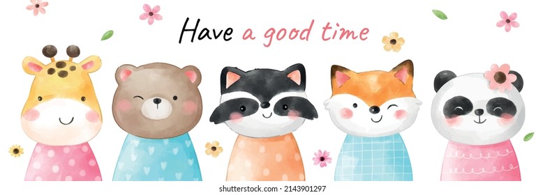 Draw vector illustration character design banner portrait bear raccoon fox panda Cute animal Watercolor style